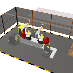 Arc Welding Cell with Multirobot HANDSHAKE and One-axis positioner (OLP)